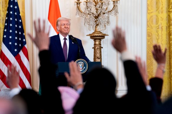 The Associated Press news agency was barred from a press conference with Trump and Indian Prime Minister Narendra Modi (not shown).