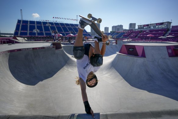 Sky Brown of Britain takes part in a women’s park skateboarding practice session at the Olympics in Tokyo.
