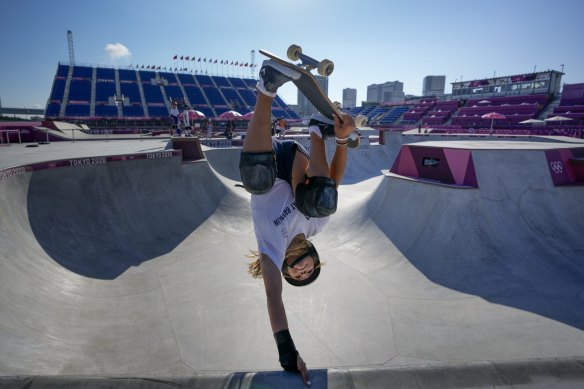 Sky Brown of Britain takes part in a women’s park skateboarding practice session.