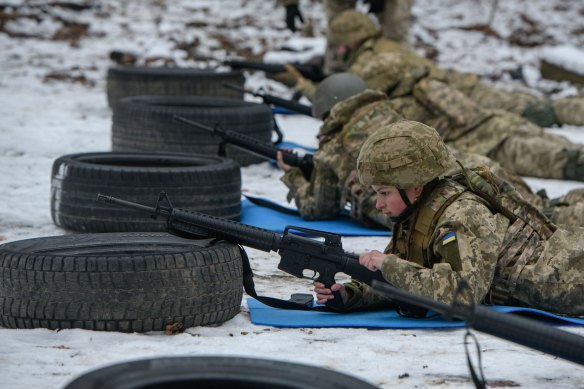Cadets conduct training with American Colt M16A4 assault rifles at the Taras Shevchenko Military Institute in Kyiv region, Ukraine, on Friday.