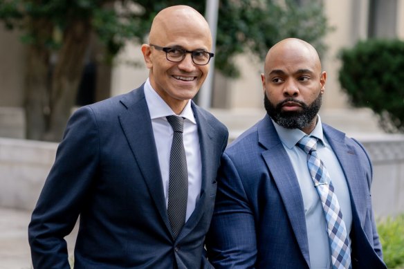 Microsoft CEO Satya Nadella (left) as he departed from court after giving his testimony against Google.