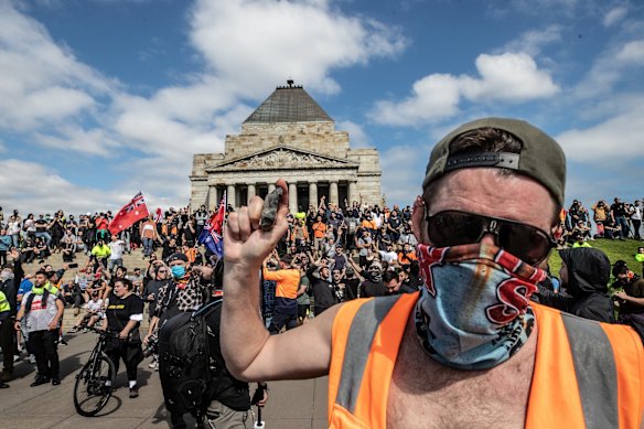 Protestors at The Shrine of Remembrance on Wednesday.