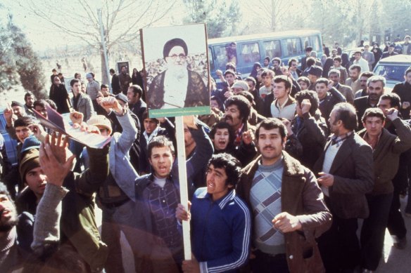 Demonstrators in Teheran in 1979 calling for the replacement of the Shah of Iran during the Iranian Revolution. 