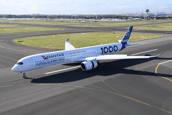 An Airbus A350-1000 flight test aircraft lands at Sydney in 2022. Twelve Airbus A350-1000s will be ordered to operate non-stop Project Sunrise flights from Australia’s east coast to New York, London and other destinations.