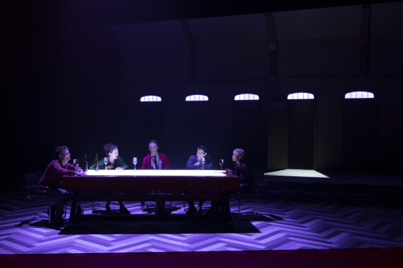 The set design in Nosferatu is striking. (L-R) Keegan Joyce, Sophie Ross, Jacob Collins-Levy, Max Brown, Shamita Siva