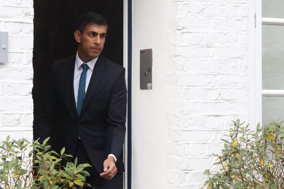 Rishi Sunak leaves his home on Friday. He declared his candidacy for the top job on Sunday.