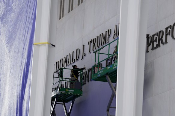 Donald Trump’s name is affixed to the Kennedy Centre facade in Washington on Friday.