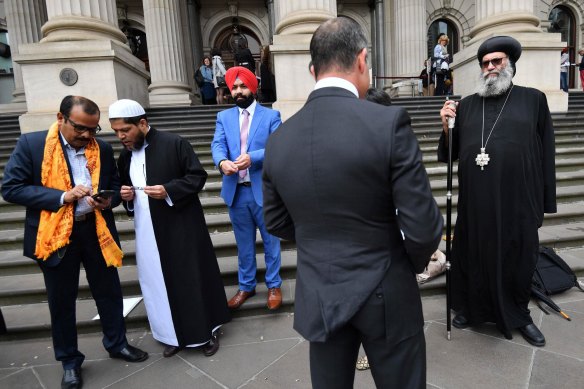 Representatives of Victoria’s Buddhist, Christian, Hindu, Jewish, Muslim, and Sikh communities gathered outside parliament to oppose the Voluntary Assisted Dying Bill in 2017.
