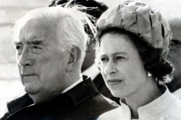 A retired Robert Menzies and Queen Elizabeth watch the Duke of Edinburgh at the Canberra Polo Club tournament in 1970.