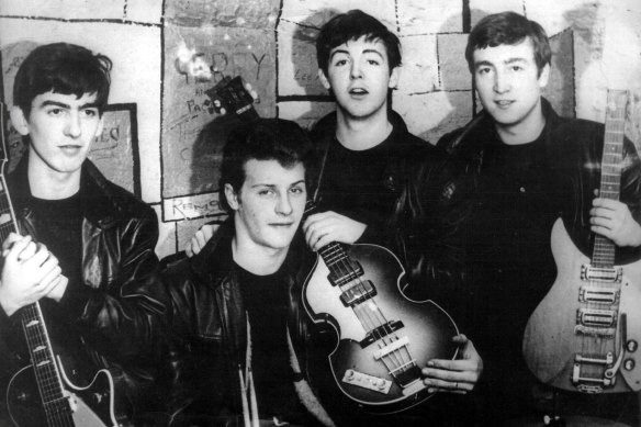 Original Beatles George Harrison, Pete Best, Paul McCartney and John Lennon.