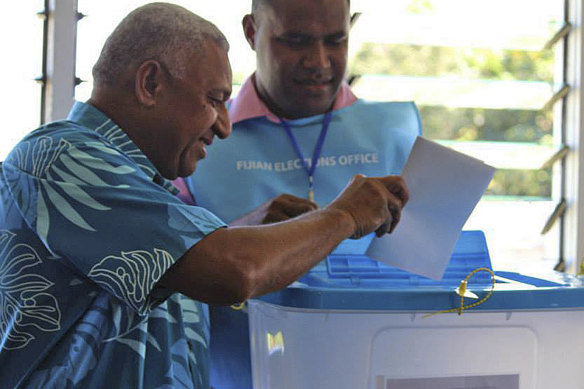 Now outgoing Prime Minister Frank Bainimarama casts his vote at the Fiji elections in Suva last week.