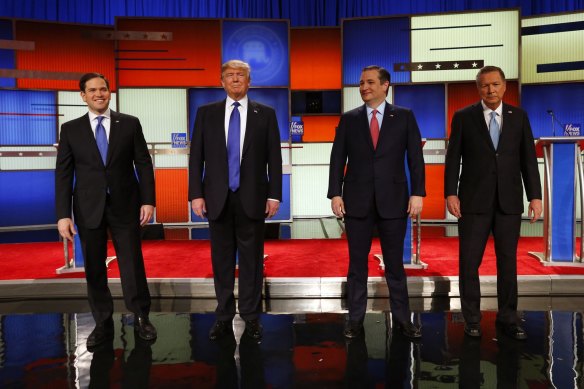Republican presidential contenders for the 2016 election, Senator Marco Rubio, Donald Trump, Senator Ted Cruz and Ohio Governor John Kasich, take part in a debate.