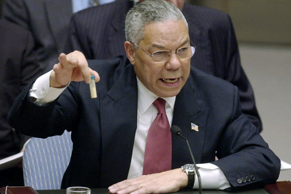 Colin Powell holds up a vial he said could contain anthrax as he presented evidence of Iraq’s alleged weapons programs to the UN Security Council in 2003.