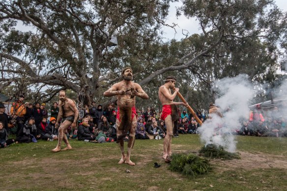 Dancers performing ceremony in front of the Grandfather tree at Djab Wurrung Embassy camp, which is set to be cut down. This has not yet occurred.