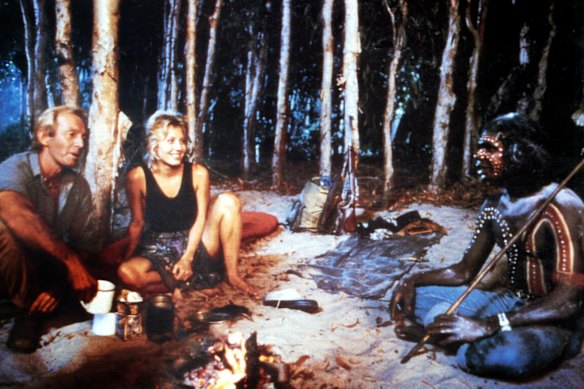 Paul Hogan, Linda Kozlowski and David Gulpilil in Crocodile Dundee. When it was released in the United States, the film took an unthinkable $US175 million at the box office.