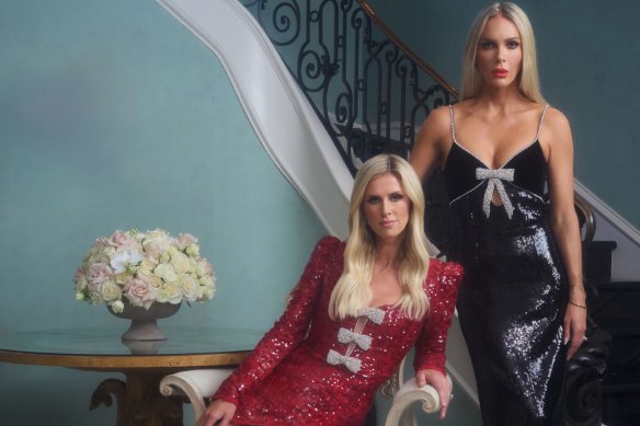 Nicky Hilton Rothschild and Rebecca Vallance-Gasan in pieces from their holiday collection collaboration for the Rebecca Vallance label.