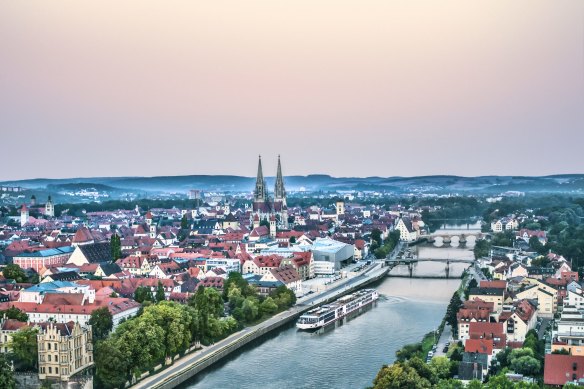 A Viking longship docking on the Danube in Regensburg, Germany.