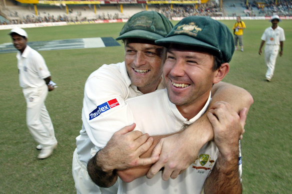 Ricky Ponting and Adam Gilchrist celebrate victory over India in 2004.