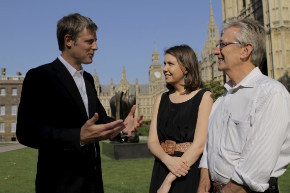 British conservative and environmentalist Zac Goldsmith, climate activist Anna Rose, and former Coalition senator Nick Minchin filming I Can Change Your Mind About Climate Change in 2011.
