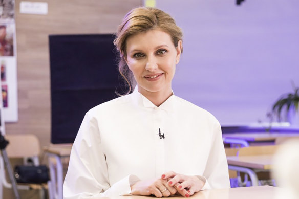 Olena Zelenska, wife of Ukrainian President Volodymyr Zelensky, attends an online school lesson in Kyiv, Ukraine, in 2020.