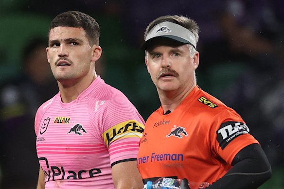 Nathan Cleary leaves the field after suffering a concussion against Melbourne.