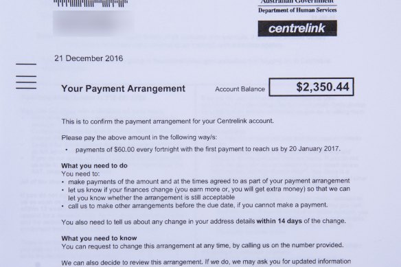 A Centrelink debt recovery notice received in December 2018.
