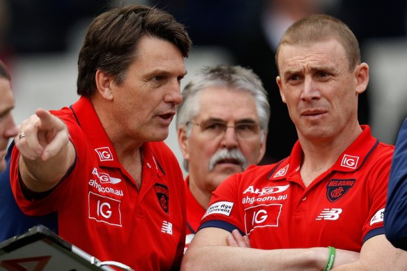 Former Melbourne coach Paul Roos (left) with Simon Goodwin, who was his senior assistant.