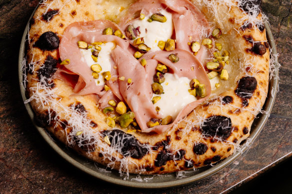 Mortadella pizzetta with pistachio and stracciatella.