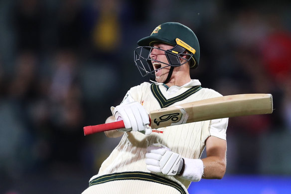 Marnus Labuschagne celebrates his century during day one of the second Test against Pakistan in Adelaide. 