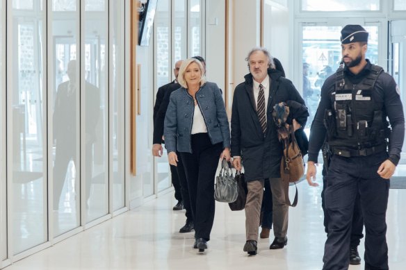 Marine Le Pen, leader of National Rally, arrives at court in Paris on Monday.