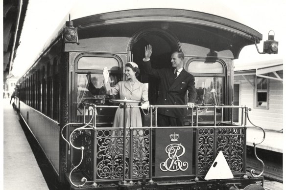 The Queen and Prince Philip on the royal train at Central Station, Sydney.