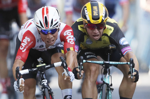 Caleb Ewan, left, edges out Dylan Groenewegen, right, to win his maiden Tour de France stage in Toulouse.