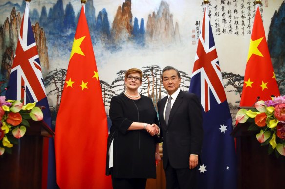 The last visit to Beijing by an Australian foreign minister was made by Marise Payne, in November 2018. She is seen here, on the left, with Chinese Foreign Minister Wang Yi at the end of a joint press conference at the Diaoyutai State Guesthouse in Beijing.
