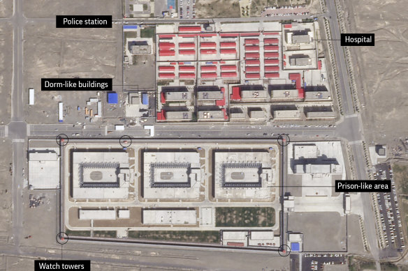A satellite image shows a forced internment camp in the Xinjiang region of China. Experts say the Chinese government has detained up to 1.8 million Uighurs, ethnic Kazakhs and other Muslim minorities for what it calls "voluntary job training".