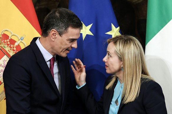 Spanish Prime Minister Pedro Sanchez with his Italian counterpart, Giorgia Meloni, in 2023.