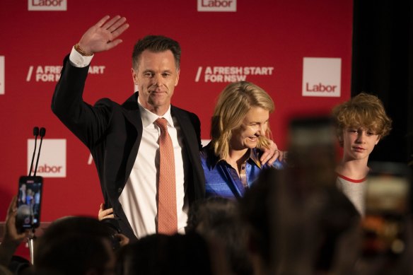 Labor leader Chris Minns with his wife Anna as he claimed victory in the NSW state election in March.