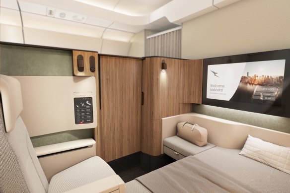 An artist’s impression of first class design in a Qantas A350. First class suites on Qantas’ London to Sydney service will offer high-end comfort.