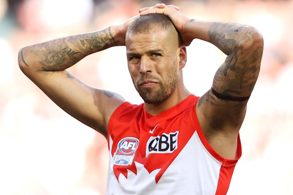 Lance Franklin of the Swans looks dejected during the 2022 AFL Grand Final