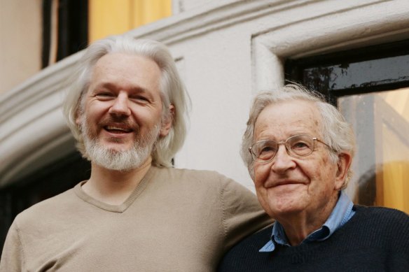 Julian Assange with Noam Chomsky on the balcony of the Ecuadorian Embassy in London.