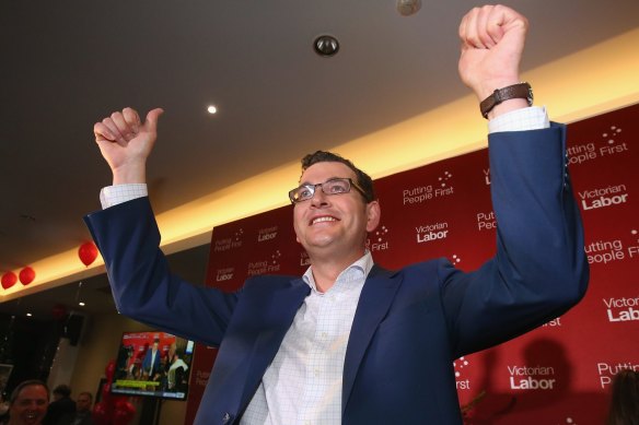 Premier Daniel Andrews celebrating the historic election win. Labor expects to lose a swag of seats it "accidentally" won in a landslide. 