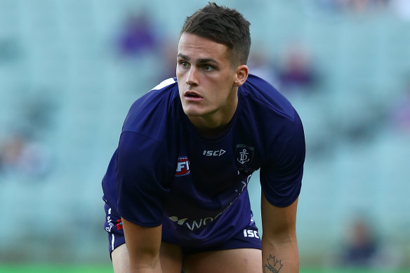 Harley Balic warming up before a Dockers match in 2017. 