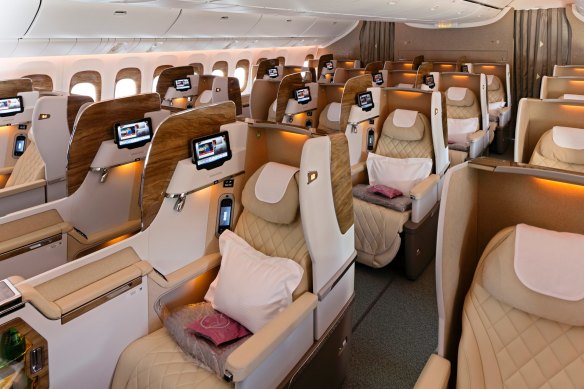 Emirates business class on board a Boeing 777.