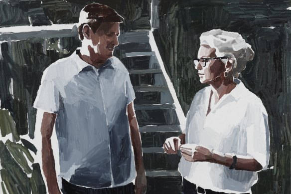 Archibald Prize 2019 finalist Clara Adolphs' Rosemary Laing and Geoff Kleem (in their garden).