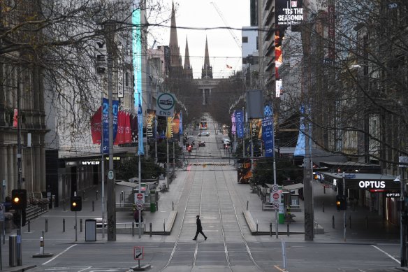 A deserted Bourke Street Mall during  Melbourne’s fifth lockdown in July 2021.