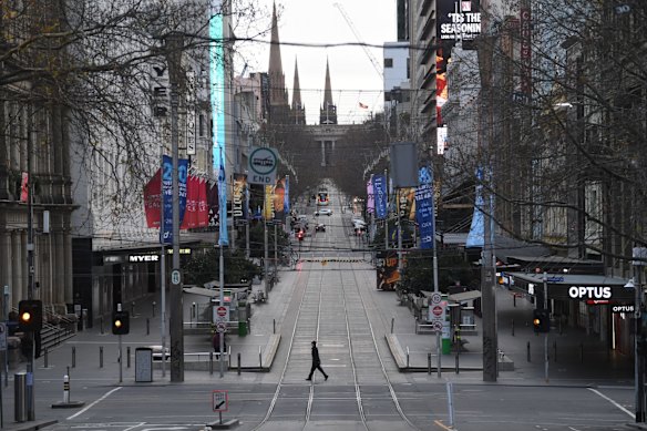 A deserted Bourke Street Mall during  Melbourne’s fifth lockdown in July 2021.