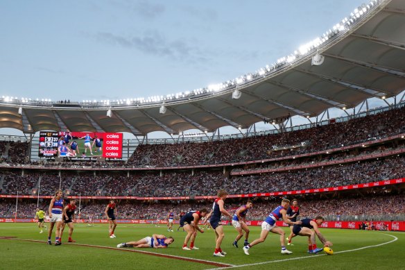 Sell-out crowds at Perth’s Optus Stadium for the 2021 AFL grand final match. 