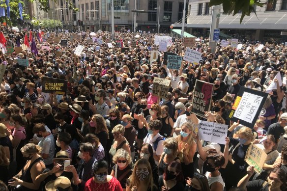 Thousands of people gather to demand justice for victims of sexual assault. 