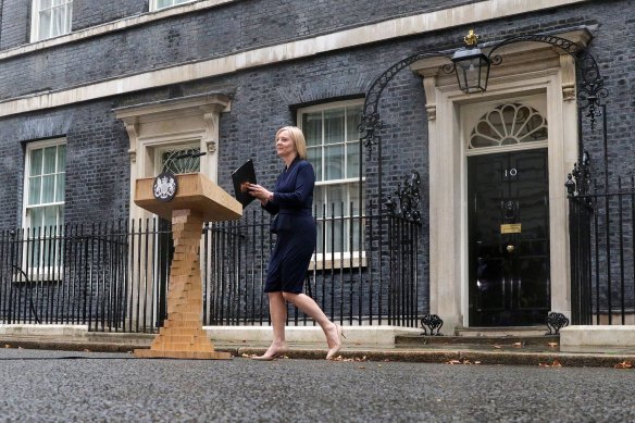Liz Truss arrives to deliver her first speech as British prime minister.