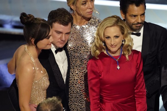 From left: Emilia Jones, Daniel Durant, Sian Heder, Marlee Matlin and Eugenio Derbez on stage to collect the Oscar for best picture.