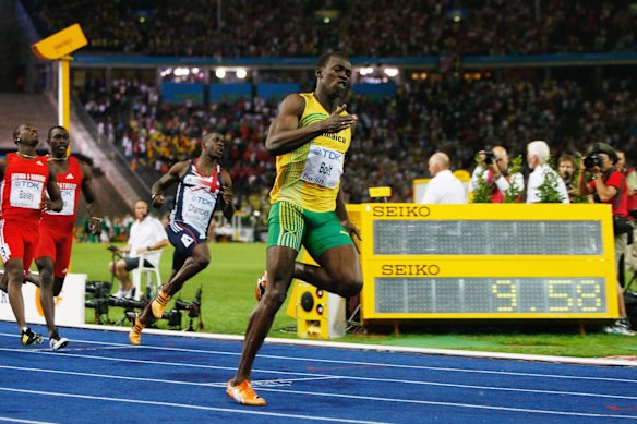 Usain Bolt after running 9.58 seconds for the 100m.